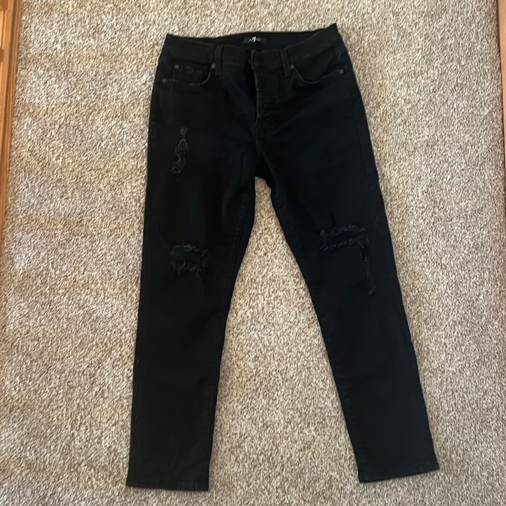 7 For All Mankind Black Distressed Straight Jeans